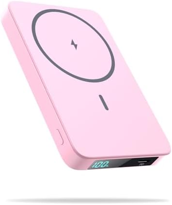 Sleek Magnetic Wireless Power Bank 5500 m Ah – Ultra-Slim Portable Charger with LCD Display for i Phone 16/16 Plus/15/14/13/12, PD Fast Charging USB-C, Effortless Magnetic Connection in Pink – Perfect for On-the-Go Power Solutions