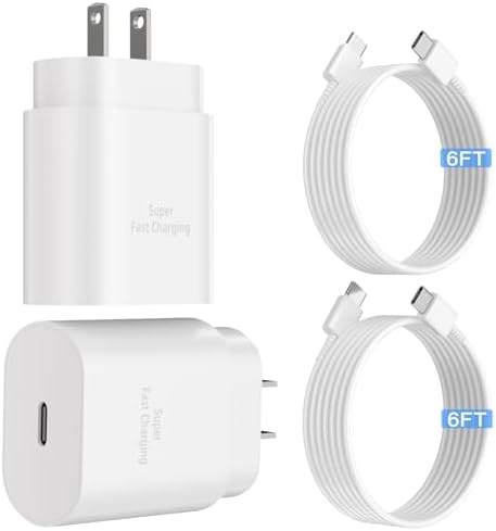 25 W USB-C Fast Charging Duo Set: Lightweight Portable Charger with 6 Ft Cable for Galaxy S23/S22/S21/S20 & i Phone 15 – Efficient Power Solution in Sleek White Finish for Quick Device Recharge