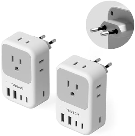 TESSAN Dual Pack European Travel Adapter with 4 AC Outlets and 3 High-Speed USB Ports – Ultimate International Power Converter for Seamless Device Charging in Italy, Spain, France, Portugal, Germany, and Iceland – Essential Travel Accessory for Modern Explorers