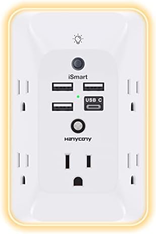 HANYCONY Versatile Black Outlet Extender with USB-C and Night Light – 4-Port Surge Protector Power Strip for Fast Charging in Home, Office, and Dorm Settings – Maximize Device Compatibility and Safety