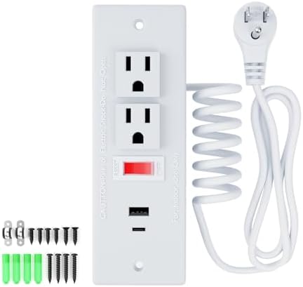 Recessed Drawer Power Strip Kit: Clutter-Free Charging Solution with PD 20 W Fast Charge, Dual USB Ports (Type A & C), and Dual 12 Amp AC Outlets – 7.2 FT Cord for Flexible Setup and Enhanced Workspace Efficiency