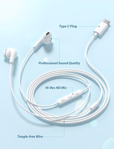 Ultra-Lightweight USB C Earbuds with Mic for Samsung Galaxy & i Phone 16 – High-Resolution Audio for Superior Sound Clarity, Tangle-Free Comfort, and Seamless Connectivity for Music and Calls