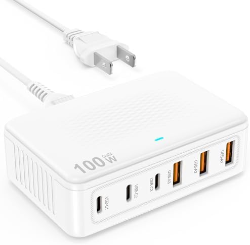 100 W Ga N Fast USB C Charging Station Hub – 6-Port Wall Charger for i Phone 16-11 Pro Max, i Pad, Pixel, and Samsung Galaxy S25-S24 – Includes 5 FT Cord for Enhanced Compatibility and Rapid Charging – Ideal Multi-Device Power Adapter for Home and Travel