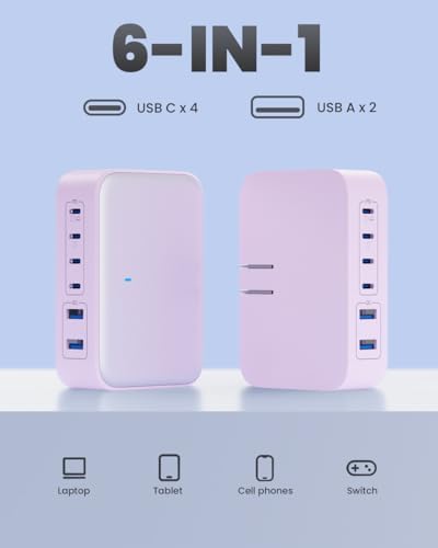 200 W USB C Charging Hub with 6 Ports – Ga N IV Foldable Wall Charger for Rapid Device Power-Up, PD 65 W Laptop Charger for Mac Book Pro, Dell, i Phone 16/15, i Pad, Galaxy & Steam Deck – Compact & Travel-Friendly Fast Charging Solution