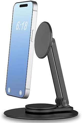 Magnetic Phone Stand for Desk, 360° Rotatable Foldable Magnetic Phone Holder Stand, Height&Tilt Adjiustable, Non Slip Base Magsafe Phone Holder for iPhone 15/14/13/12 Series/Magsafe Case (Silver) – Enhanced Compatibility and Speed