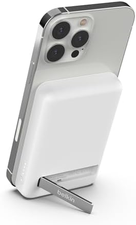 Belkin Wireless Power Bank 5000 m Ah with Mag Safe Compatibility – Portable Charger for i Phone 16 Series, i Phone 15, and Air Pods – 7.5 W Fast Charging with Built-in Kickstand for Hands-Free Use – Lightweight White Design for On-the-Go Charging Solutions