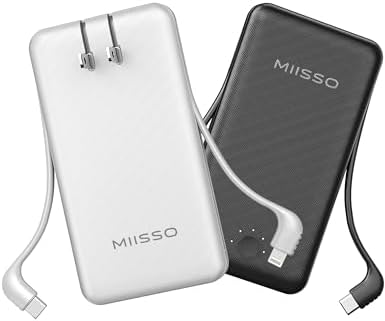 miisso Ultra Slim 10000 m Ah Portable Power Bank with Built-in Cables and Foldable Wall Plug – Compact USB-C Charger for i Phone, Samsung, i Pad & More – Perfect Travel Companion for On-the-Go Charging Efficiency