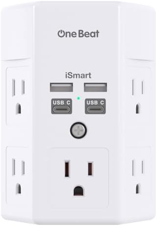 Maximize Power Efficiency with Our 5-Outlet Surge Protector and 4-Port USB Charger – Wall-Mountable Power Strip with 1680 Joules Protection for Home and Office Use, Featuring Fast USB C PD 20 W Charging for All Devices, Ideal Multi-Plug Adapter for an Organized Workspace