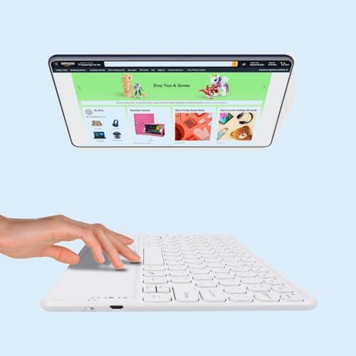 Ultra-Slim 10-Inch Wireless Bluetooth Keyboard with Touchpad – Rechargeable & Portable Universal Keyboard for i OS, Android & Windows Devices – Effortless Typing on the Go in Sleek White Finish