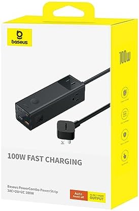 Baseus 1200 J Surge Protector Power Strip – PD 40 W USB-C Fast Charging Station with 3 AC Outlets & 3 USB Ports for Ultimate Device Compatibility in Home, Office, or Dorm Room – Safe, Efficient, and Compact Charging Solution