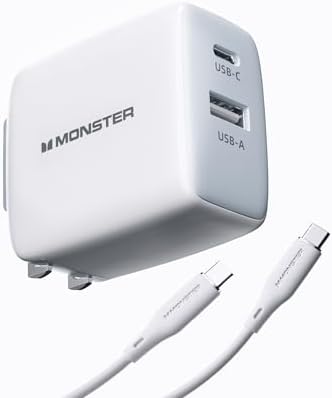 Turbocharge Your Devices with the Monster 65 W Dual-Port Ga N USB-C Charger – High-Speed, Travel-Friendly, and Safe Charging for i Phone 16 Pro Max, i Pad, Mac Book, Samsung Galaxy S25, and Google Pixel – Includes Durable Silicone Cable for Ultimate Flexibility. Elevate your charging experience with cutting-edge PPS technology for precise power delivery, ensuring every device receives an optimal charge. Its compact, foldable design enhances portability, making it the optimal choice for travel or everyday use. Enjoy peace of mind with heat-free operation, designed to safeguard your devices from overheating while extending their lifespan. This multifunctional charger is compatible with a diverse range of gadgets, making it an essential accessory for tech-savvy individuals. Discover the convenience of simultaneous charging with its dual-port functionality and experience a new standard of efficiency with this premium power solution that combines performance, durability, and style. Upgrade your charging game and embrace smarter, faster charging solutions today!