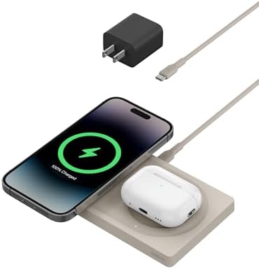 Belkin 15 W Mag Safe-Compatible 2-in-1 Wireless Charging Station – Fast Dual Device Charger for i Phone 16, 15, 14, 13 Series & Air Pods – Sleek Sand Design for Effortless Portability and Seamless Power Solutions