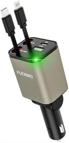 Premium Flexino Compact Retractable Car Charger for i Phone 16 – 69 W Fast Charging with Dual 2.6 ft USB C Cords | Efficient Power Adapter Compatible with i Phone 16/15/14/13/12 Series & Galaxy Devices | Sleek Grey Design for Ultimate Portability and Reduced Cable Clutter