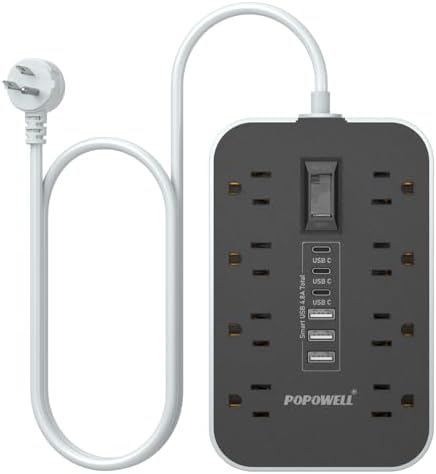 Heavy-Duty Appliance Power Strip with 14-Gauge Extension Cord – 24-Inch Multi-Outlet Surge Protector Featuring 8 AC Outlets & 6 USB Ports (4.8 A) for Fast Charging – 1080 J Protection for High-Wattage Devices in Kitchen, Garage & Workshop