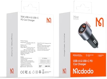 Mcdodo 75 W Fast Charging Car Charger Adapter with Dual USB A+C Ports – Universal Compatibility for i Phone 12-15 Pro Max, Galaxy S & A Series – Compact, Reliable, and Safe Car Lighter Charger for On-the-Go Power Solutions
