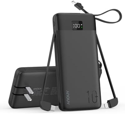 ANOUV 10,000 m Ah Portable Power Bank with Built-in Cables & AC Plug – Rapid PD 22.5 W USB-C Fast Charger for i Phones & Smart Devices, LED Display for Easy Monitoring – Ultimate On-the-Go Charging Solution