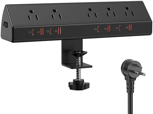 Ultimate Desk Clamp Power Strip with 65 W Fast Charging Hub – 4 PD USB-C Ports & 5 AC Outlets, Space-Saving Nightstand Edge Mount Surge Protector, 15 Amp Heavy-Duty Design for Tablets & Laptops, Fits 1.96″ Tabletop, 6 FT Cable for Extended Reach – Efficient Power Management for Modern Workspaces