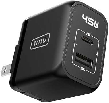 INIU 45 W USB C Fast Charger – Compact Dual Wall Adapter with Samsung Super Fast Charging 2.0, PD Technology for Rapid Power Delivery to i Phone 16/15 Pro, Samsung S23/S22 Ultra, Mac Book Air & More – Travel-Friendly Design with Foldable Prongs for Enhanced Portability and Safety