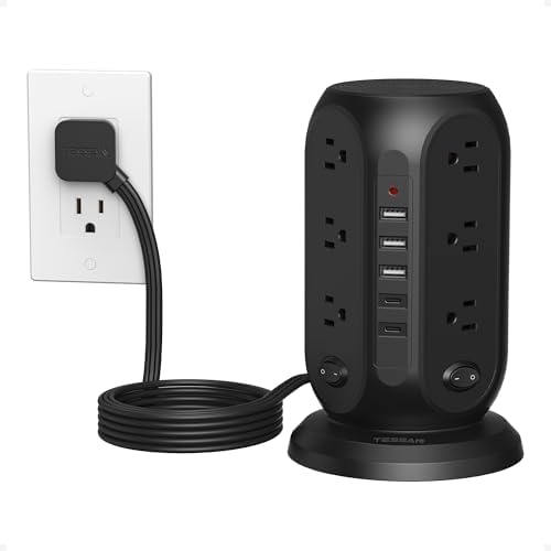 TESSAN Tower Power Strip Surge Protector – 12 Outlets with Individual Switches, 5 Fast-Charging USB Ports (2 USB-C), 10 Ft Flat Extension Cord with Discreet Plug Design – Ideal Multi-Device Charging Station for Office and Dorm Use