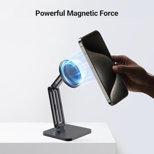 Magnetic Phone Stand for Desk, Heightened Adjustable Foldable, Compatible with iPhone 16/15/14/13/12 All Series/Mag-Safe Case (Silver) – Enhanced Compatibility and Speed