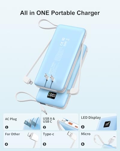 Revolutionize Your Charging Experience with ANOUV 10,000 m Ah Portable Power Bank – Built-in Cables & AC Plug for Fast, On-the-Go USB-C Charging, Compatible with i Phones and All Smart Devices – LED Display for Real-Time Battery Monitoring – The Ultimate Travel Essential for Efficiency and Convenience
