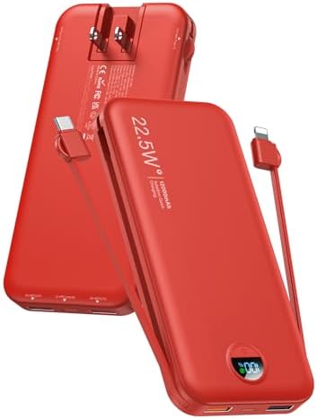 High-Capacity 12000 m Ah Portable Power Bank with Dual Built-in Cables and Wall Plug – Fast 22.5 W Type C Charger for i Phone, i Pad, Samsung – Compact Travel Essential with LED Battery Indicator for Ultimate Device Compatibility
