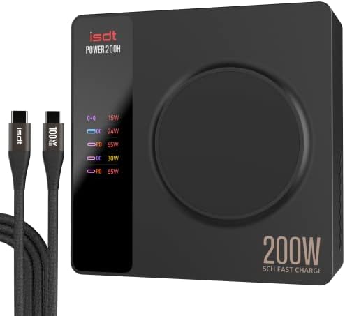 ISDT Power 200 USB C Desktop Charging Hub – 200 W High-Efficiency Multi-Device Charging Station with 4 USB Ports & Innovative Magnetic Adapter for Seamless i OS, Android & Windows Power Solutions – Maximize Efficiency and Streamline Your Workspace Charging Experience