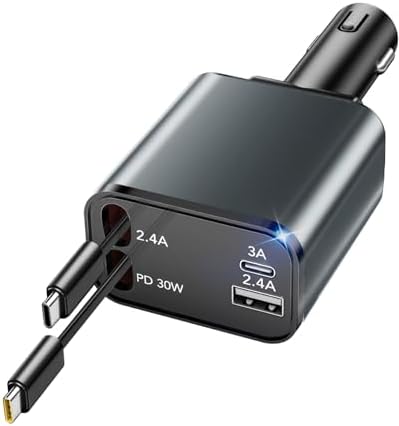 2025 Ultra-Compact 4-in-1 Retractable Car Charger – 69 W Fast Charging Adapter for i Phone 16, Galaxy and More – Innovative Space-Saving Design with Multiple Ports for Simultaneous Device Powering – Essential Car Accessory for Daily Commutes and Road Trips
