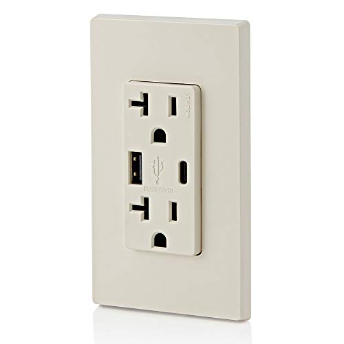 Leviton Dual USB In-Wall Charger with 20 A Tamper-Resistant Outlet – Type A & Type-C Compatibility for Smartphones and Tablets, Light Almond Finish – Streamlined Charging Solution for Home and Office Spaces