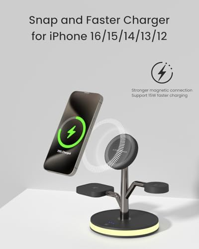 All-in-One 3-in-1 Mag Safe Charging Station for Apple Devices – Fast Wireless Charger for i Phone 16/15/14/13/12, Air Pods & Apple Watch with 20 W PD Adapter & LED Light – Sleek Nightstand and Office Solution for Enhanced Device Compatibility and Speed