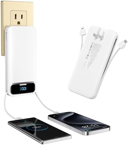 Ultra-Compact 12000 m Ah Power Bank with Built-in Charging Cables & AC Plug – 20 W PD Fast Charging for i Phone, Samsung, Android, USB-C Devices – Travel-Friendly External Battery Pack in Purple – Unmatched Portability and Efficiency for On-the-Go Charging Solutions