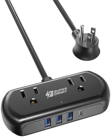 Compact USB Charging Station Power Strip – SUPERDANNY Mini Surge Protector with 2 Extra Wide Outlets, 4 USB Ports (3 USB-A & 1 USB-C), 5 Ft Cord, Flat Plug Design for Space-Saving Convenience, Ideal for Home, Office, and Travel Use – Enhanced Power Efficiency and Safety Features