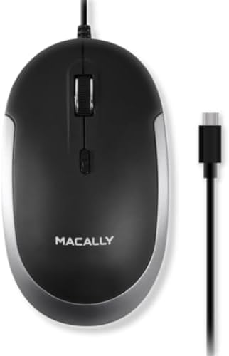 Ergonomic Macally Wired USB C Mouse – Precision Optical Sensor with Adjustable DPI (800/1200/1600/2400) for Seamless Mac & Windows Experience – Compact, Ambidextrous Design for Left and Right-Handed Users – Effortless Navigation with 3 Buttons & Scroll Wheel – Perfect Travel Companion for Enhanced Productivity