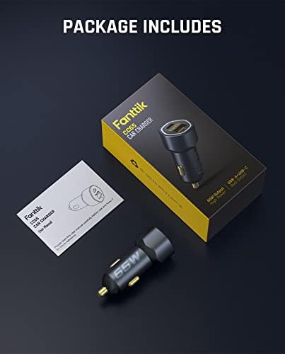 High-Performance Fanttik 65 W Dual Port USB-C Car Charger – Fast Charging Adapter for i Phone 14/14 Pro, Mac Book Air, and Samsung Galaxy Devices – Enhanced PD3.0 & QC3.0 Compatibility for On-the-Go Power Solutions