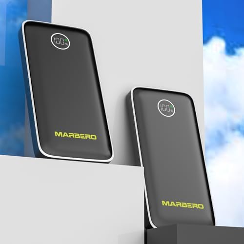 MARBERO 10,000 m Ah Slim Fast Charging Power Bank with PD & QC Technology – Lightweight Portable Charger for Phones and Tablets, Ideal for Travel and Camping – LED Display for Easy Battery Monitoring and Enhanced Device Compatibility