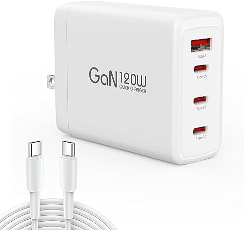 Ultimate 120 W Ga N USB-C Fast Charger with 4 Ports – High-Speed Charging for i Phone, Mac Book, Galaxy & More – PD 3.0 & QC 3.0 Compatible – 6.56 ft USB-C Cable Included – Safe, Efficient, and Portable Power Hub for Home, Office, and Travel – Universal Device Compatibility with Overheat & Short Circuit Protection