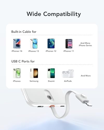 VEEKTOMX Ultra-Slim 5000 m Ah Portable Power Bank with Built-in Charging Cable for i Phone – Lightweight Battery Pack for i Phone 14/13/12/XS/Pro/Air Pods – Quick Charge Convenience in a Stylish Design – Perfect for On-the-Go Power Solutions