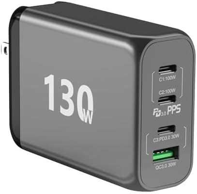 130 W Ga N USB-C Wall Charger – 4-Port Power Delivery Adapter for Super Fast Charging – Compact 130 W Power Hub for Mac Book Pro, i Phone, Samsung, Lenovo – High-Speed Charging for Multiple Devices, Travel-Friendly Design, Safe & Reliable Performance