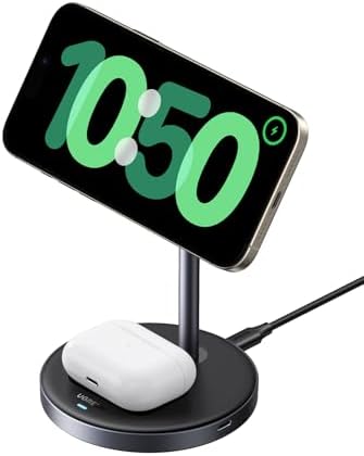 UGREEN Qi2 Certified 15 W Magnetic Wireless Charging Stand – 2-in-1 Fast Charging Station for i Phone 16, 15, 14, 13, 12 & Air Pods – Mag Safe-Compatible with 3 FT USB-C Cable for Effortless Power and Enhanced Organization