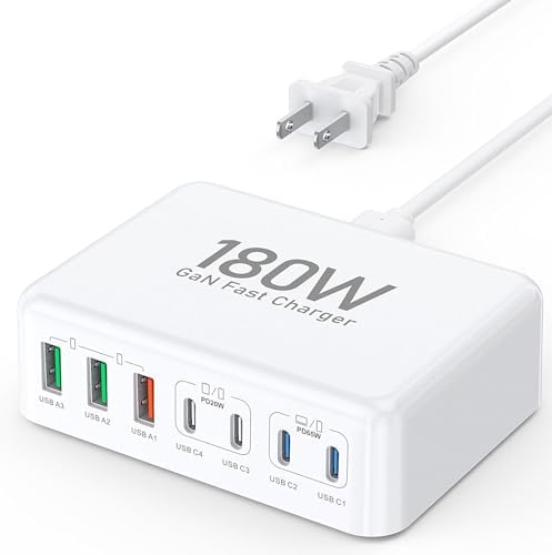 180 W Ga N USB-C Multi-Device Charging Hub – 7-Port Rapid Power Delivery Station for Mac Book Pro, i Pad Pro, i Phone 15/14/13/12, Galaxy S23 & Note 20 – Compact Power Solution for Tech Enthusiasts and Mobile Professionals