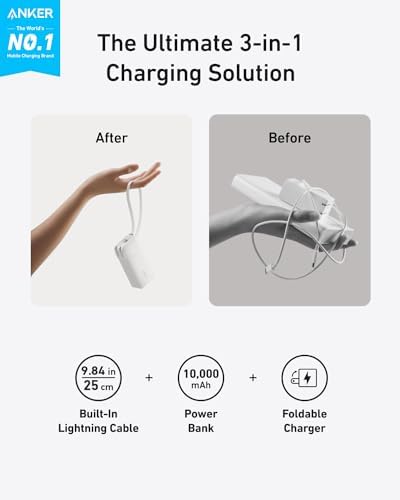 Anker Nano 3-in-1 Power Bank: 10,000 m Ah Fast Charging Portable Charger with Built-in USB-C Cable & Foldable Wall Plug for i Phone 15/16, Galaxy, and Mac Book – Ultimate Travel Charging Solution with Enhanced Compatibility and Speed