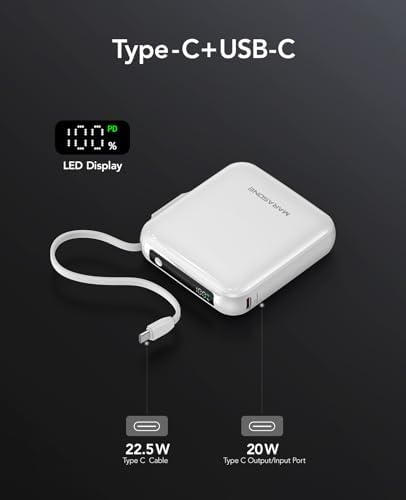 Ultra-Compact 10,000 m Ah Mini Power Bank – Fast Charging 20 W Dual Device Charger with Built-In Cables for i Phone, Samsung, Google & More – Perfect Travel Companion for On-the-Go Power Needs