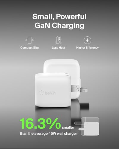 Belkin 45 W Dual USB-C Fast Charger Block with Ga N Technology – Rapid PD3.0 Charging for i Phone 16, Samsung Galaxy S25, i Pad, Mac Book & Nintendo Switch 2 – Compact Design for Travel & Enhanced Device Compatibility – Sleek White Finish for Modern Aesthetics