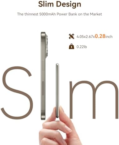 Kuulaa Slim Magnetic Portable Power Bank for i Phone – 5000 m Ah PD 20 W Fast Charging Battery Pack with Rotating Stand for Mag Safe Compatible i Phone 12/13/14/15/16 Series (Titanium Finish) – Ultimate On-the-Go Charging Solution