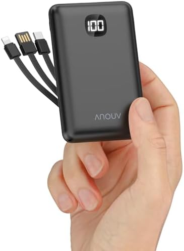 Compact ANOUV 10000 m Ah Portable Charger with Built-In Cable – Lightweight Mini Power Bank for Seamless On-the-Go Charging with LED Display, Compatible with i Phone 16/15/14/13, Samsung S22/S21, i Pad, and Android Devices – Essential Travel Power Bank for Fast, Efficient Charging