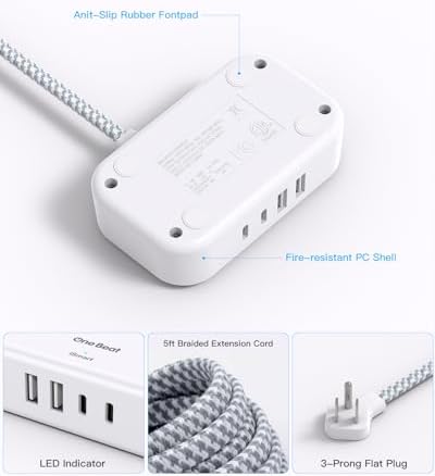 Optimize Your Travel Experience with One Beat Power Strip: 5 Ft Flat Extension Cord Featuring 3 AC Outlets & 4 USB Ports (2 USB-C) – Ideal for Cruise Ships, Dorm Rooms, and On-the-Go Charging – Compact, Non-Surge Protector Design for Enhanced Compatibility & Rapid Device Charging