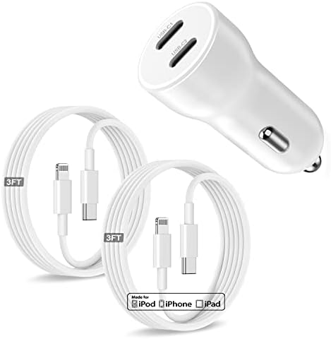 Dual-Port 45 W USB C Car Charger Adapter for Apple Devices – MFi Certified Fast Charger with 3 ft Lightning Cable (Pack of 2) – Rapid Charging for i Phone 14/13/12/11 Pro Max, i Pad, and Air Pods – Durable & Portable Power Solution for On-the-Go Lifestyle