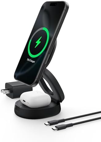 Elevate Your Charging Experience with the Belkin 2-in-1 Qi2 Wireless Charging Station – Fast 15 W Mag Safe Compatible Charger for i Phone 16, Apple Watch & Air Pods – Portable Phone Stand with 30 W Adapter – Sleek Black Design for Travel & Everyday Use – Ultimate Convenience & Speed