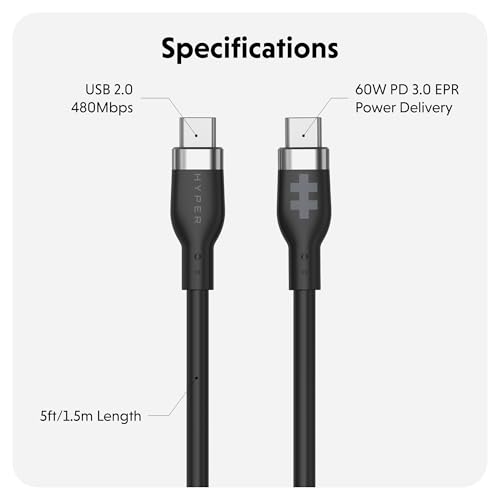 HyperJuice Silicone Charging USBC Cable (1.5m/5ft) w/EcoSmart Silicone Jacket, 60W USB C Charger 3.0 EPR Fast Charge — Tangle-Free USB C Cable 5ft, Withstands 10,000+ Bends (Black) – Enhanced Compatibility and Speed