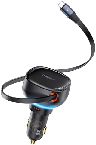 Baseus 33 W Retractable Dual USB-C Car Charger – Fast Charge Your Samsung Galaxy & Tablets on the Go, Sleek Black Design, Compact & Portable, Enhanced Safety Features for Effortless Travel Power Solutions